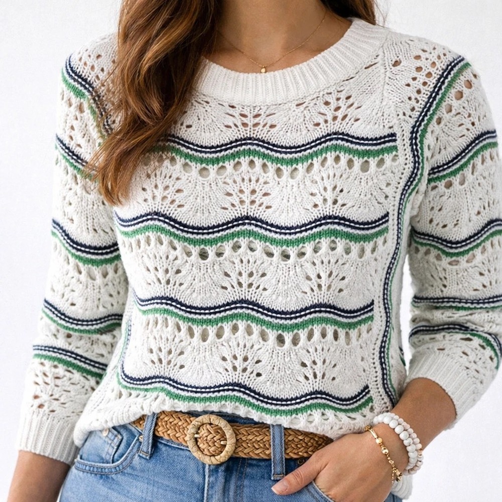 Maurices Womens Pointelle Knit Wavy Stripe Sweater White Green Navy XL NWT